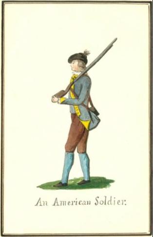An American Soldier. ca.1852 copy of a ca.1777 watercolor by Hessen-Hanau Captain Friedrich von Germann. Niedersächsisches Staatsarchiv, Wolfenbüttel, Braunschweig