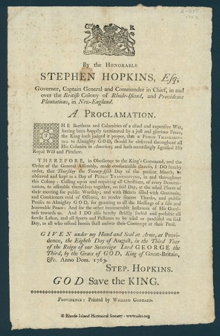 Proclamation of Thanksgiving, Stephen Hopkins, 1763. RIHS G1157 Broadsides 1763 No.7