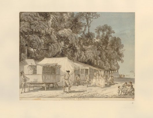 The Fair Stationer in Hyde Park 1780. Outline etching with watercolor, Paul Sandby. British Museum 1904,0819.576