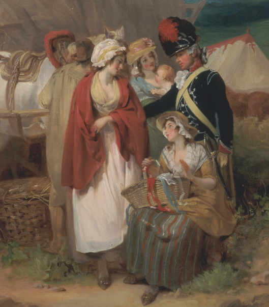 Francis Wheatley, 1747-1801, British, Soldier with Country Women Selling Ribbons, near a Military Camp, 1788, Oil on canvas, Yale Center for British Art, Paul Mellon Collection