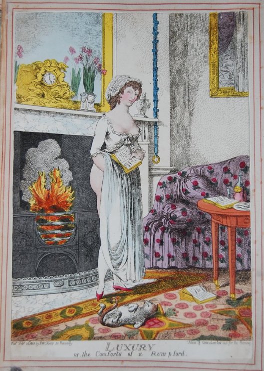 A companion pl. to BMSat 9813. A pretty young woman wearing a décolleté négligé, stands with her back to the fire, her gown raised to leave her posterior naked. She holds a book: 'The Monk - a Novel by M' ['G. Lewis', cf. BMSat 9932]; another is open on the floor: 'Œconomy of Love by Dr Arm[strong', 1736]. A cat rolls on its back. On a table are a decanter of 'Creme de Noyau', and an open book: 'The Kisses'. On the mantelpiece are flowers and an ornate clock with embracing cupids. A picture partly covered by a curtain represents Danaë receiving the golden shower. The room, apparently that of a courtesan, is luxuriously furnished. 26 February 1801 Hand-coloured etching, British Museum, 1935,0522.7.12