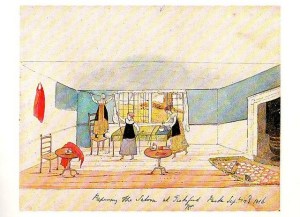 Papering the Saloon at Tickford Hall, watercolor by Diana Sperling, 1816.