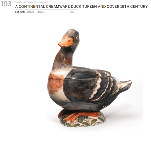 A Continental creamware duck tureen and cover.  Duck ways, no more hot soup, please.