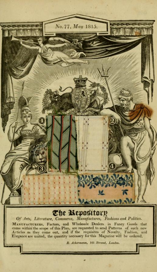 Allegorical Wood-Cut, with Patterns of British Manufactures. May, 1815. Ackermans's Repository of Arts, etc. Volume 13. 