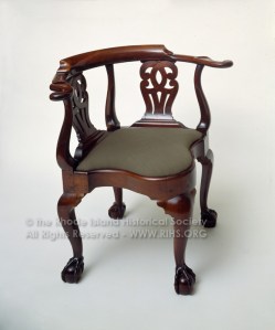 Corner chair. Mahogany with fabric-covered slip seat. John Goddard, 1763. RIHS 1990.36.1 RHix5136